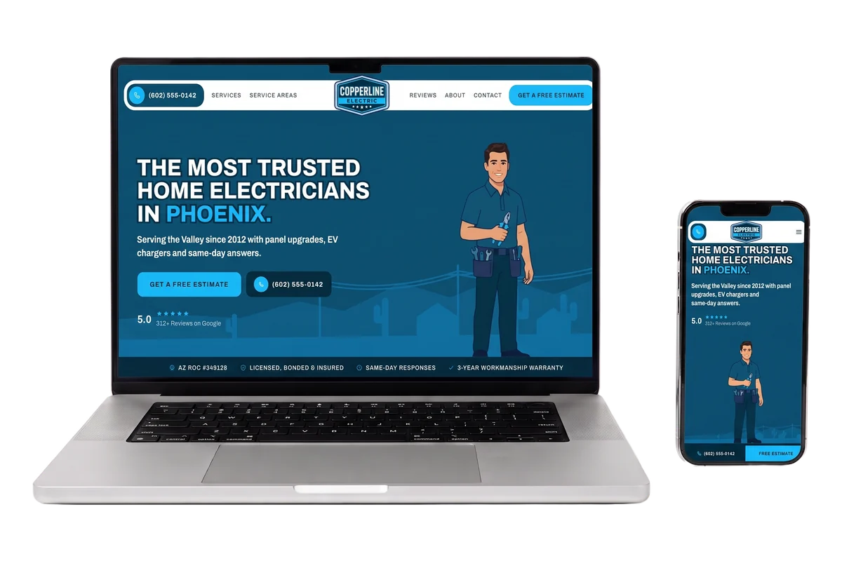 Copperline Electric demo site shown on a laptop and a phone