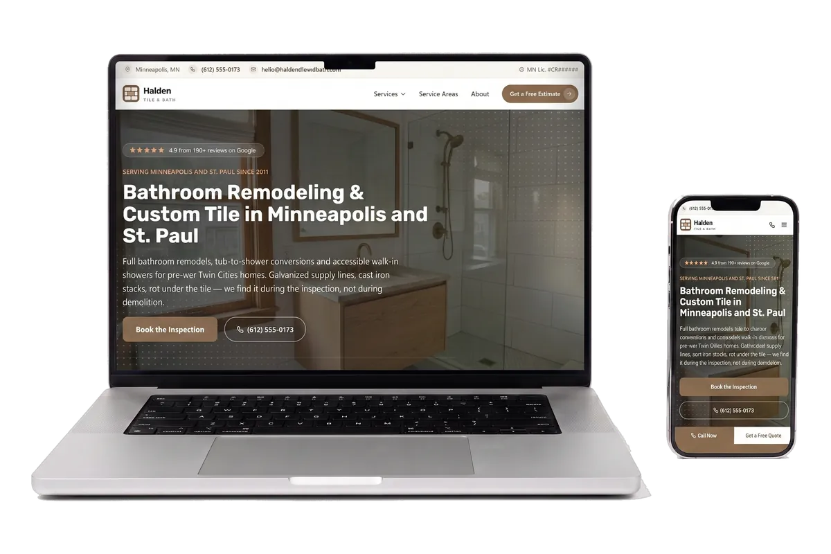 Halden Tile & Bath demo site shown on a laptop and a phone