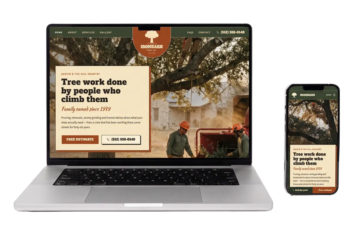 Ironbark Tree Co. demo site shown on a laptop and a phone