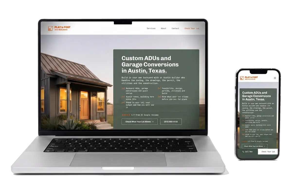 Plat & Post ADU Builders demo site shown on a laptop and a phone