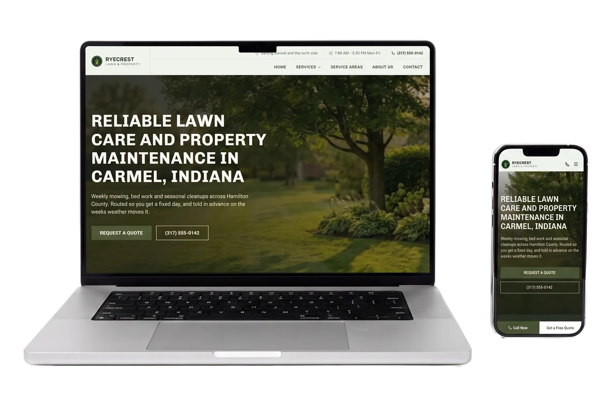 Ryecrest Lawn & Property demo site shown on a laptop and a phone