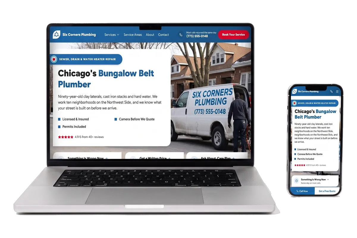 Six Corners Plumbing demo site shown on a laptop and a phone